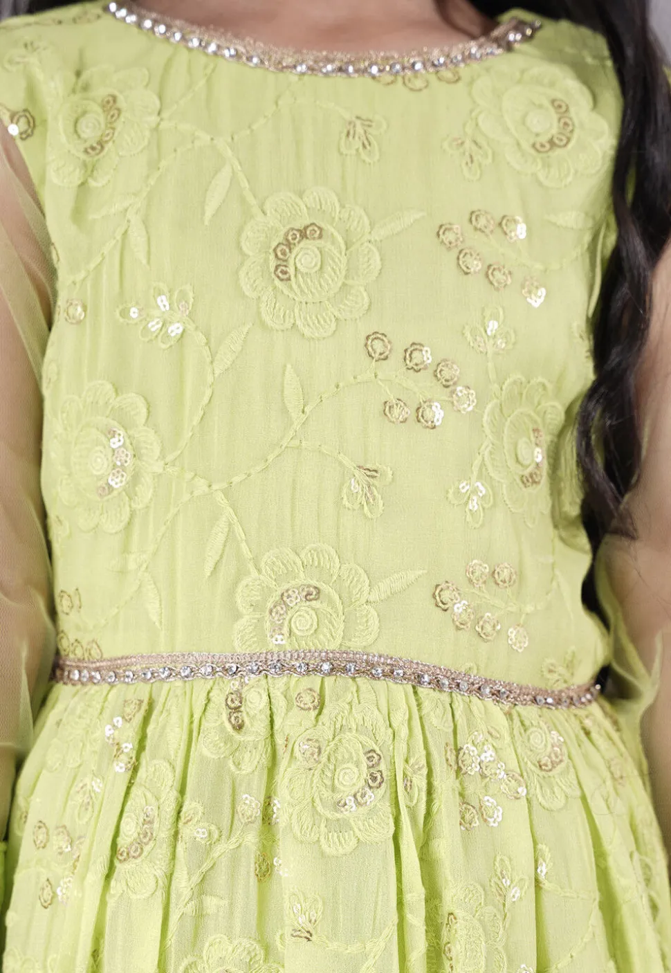 Embroidered Georgette and Net Abaya Style Suit in Light Green