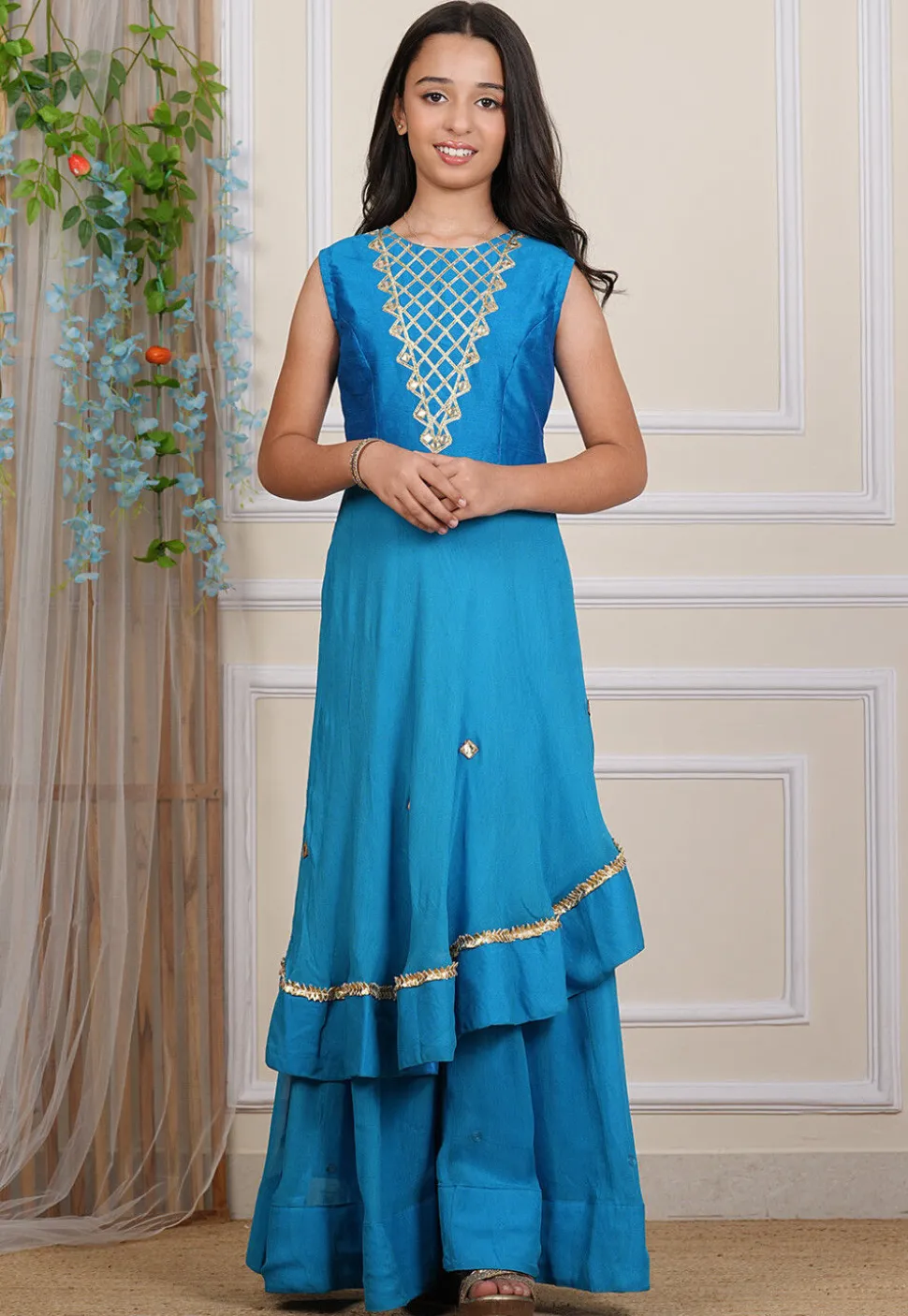 Embroidered Georgette and Art Silk Layered Gown in Blue
