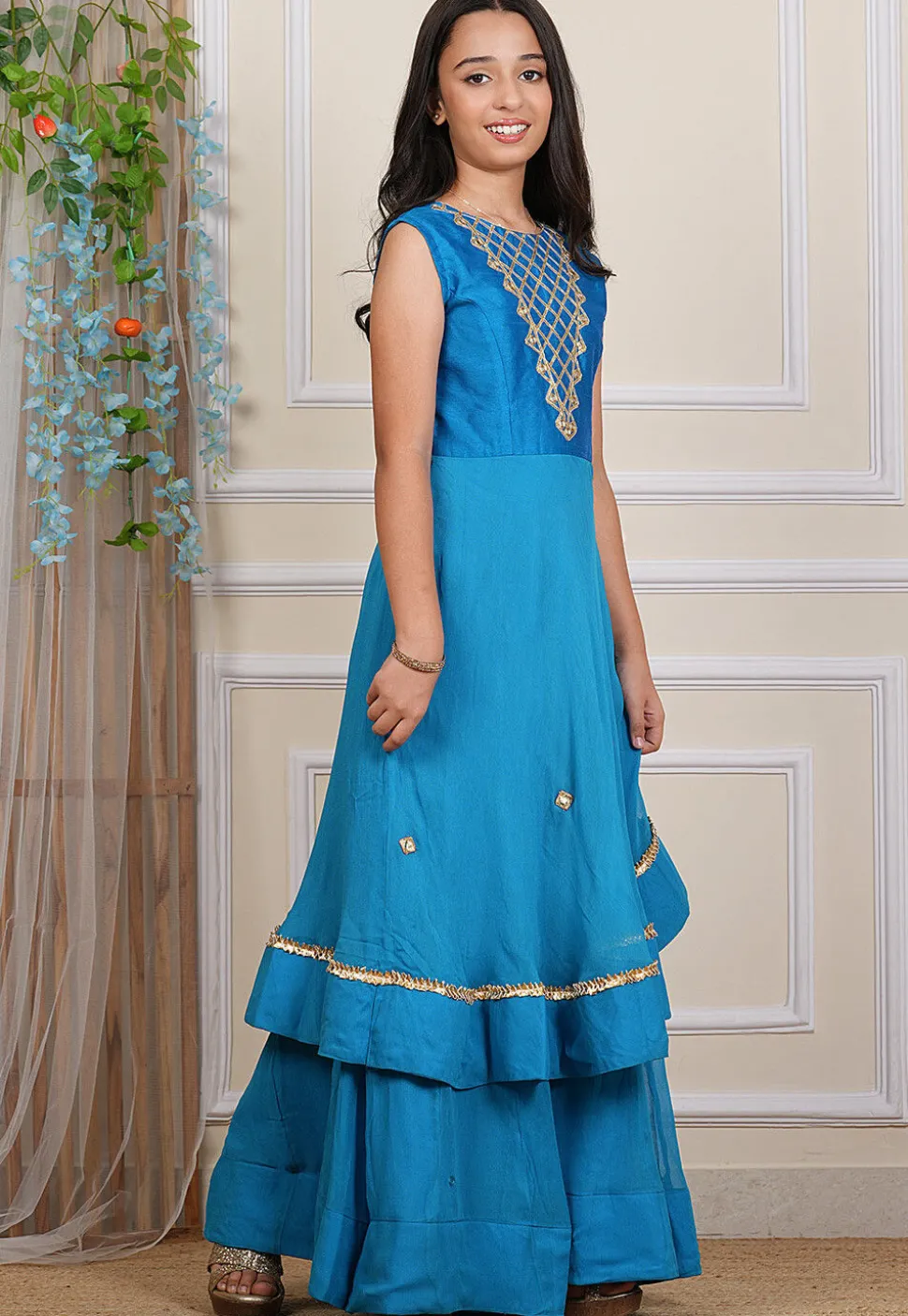 Embroidered Georgette and Art Silk Layered Gown in Blue