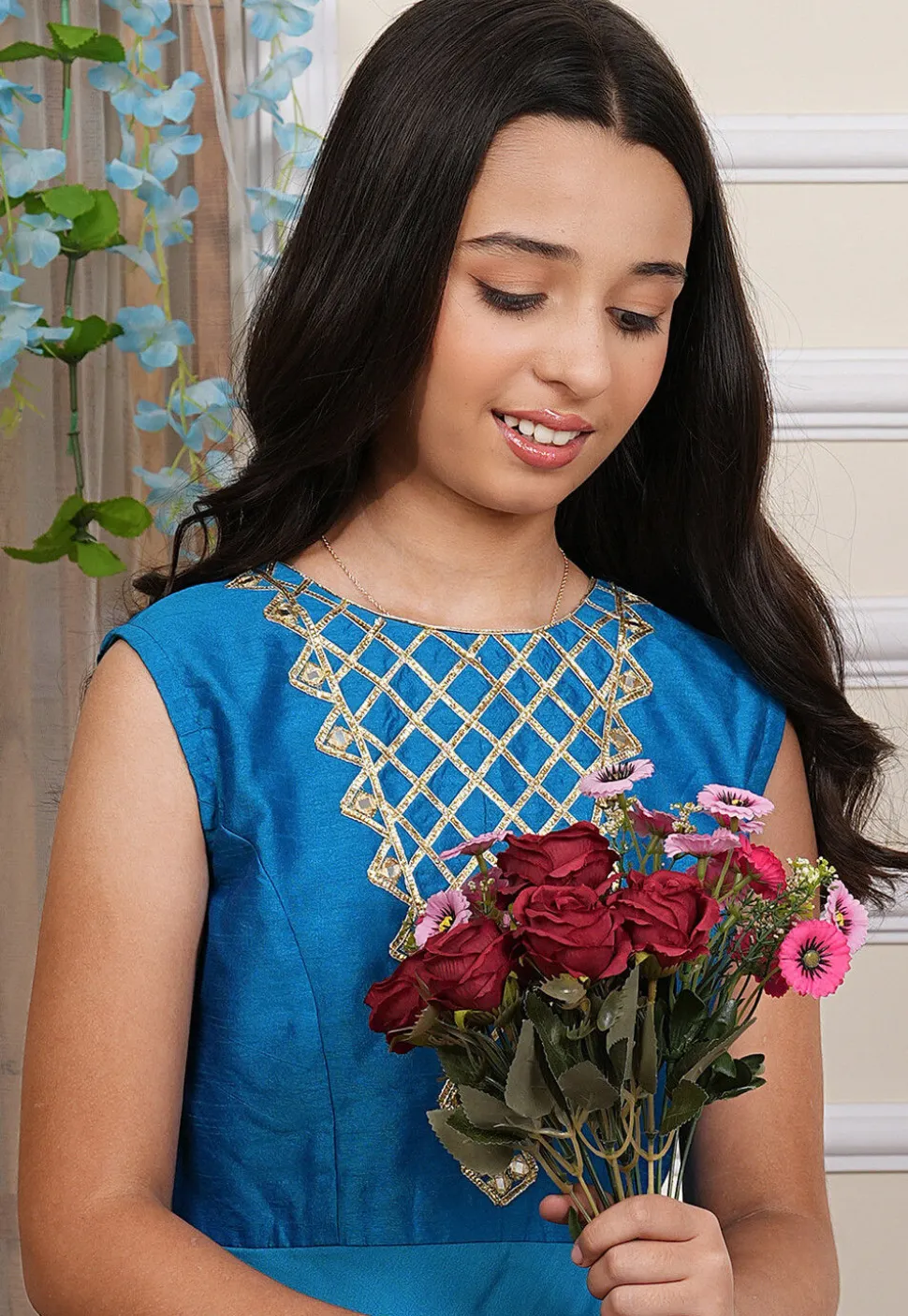 Embroidered Georgette and Art Silk Layered Gown in Blue