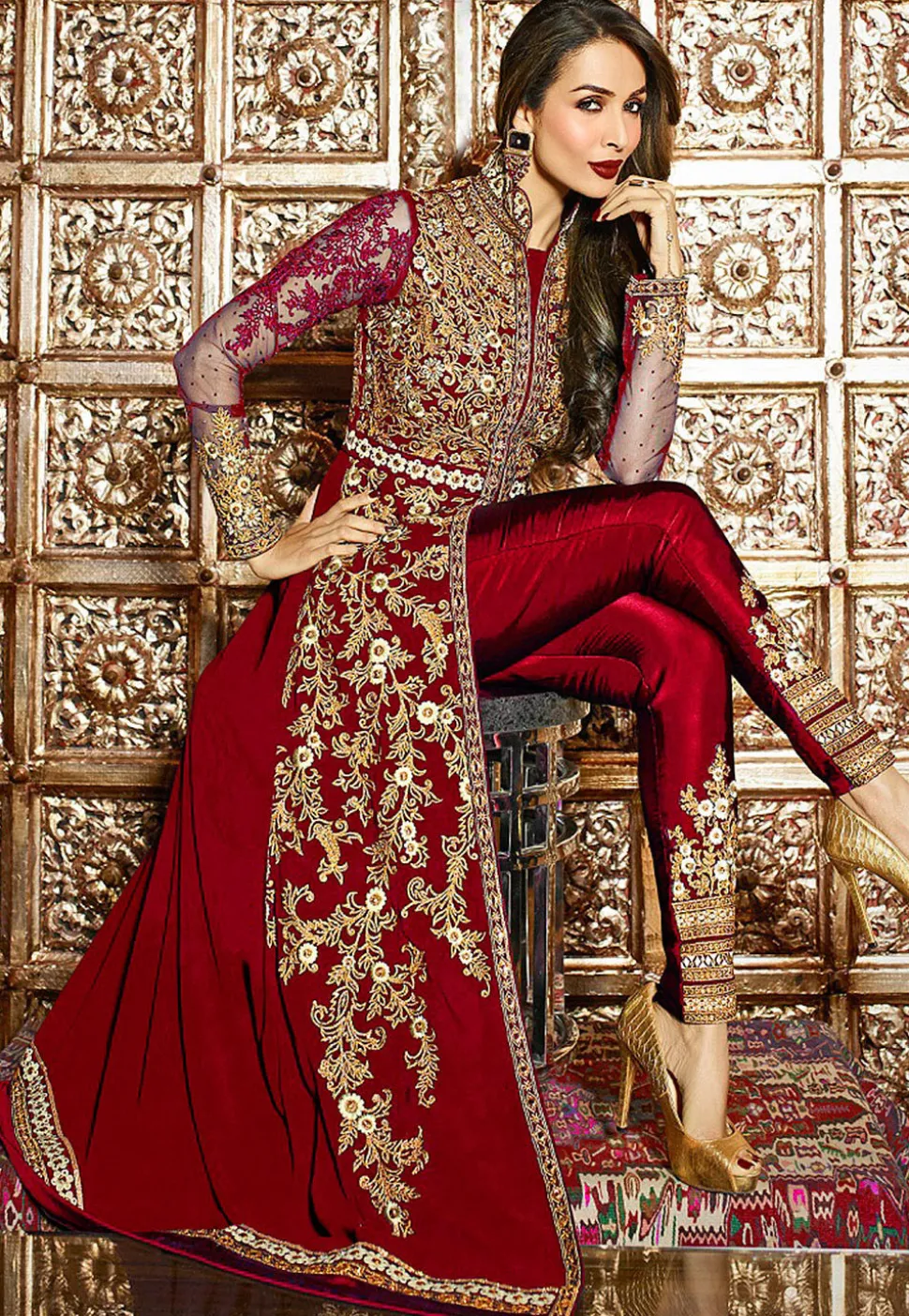 Embroidered Georgette and Net Pakistani Suit in Maroon
