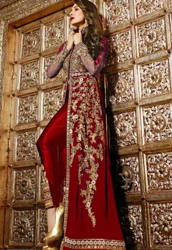 Embroidered Georgette and Net Pakistani Suit in Maroon