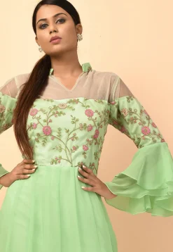 Embroidered Georgette and Net Gowns in Pastel Green