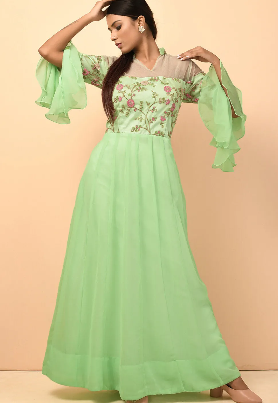 Embroidered Georgette and Net Gowns in Pastel Green
