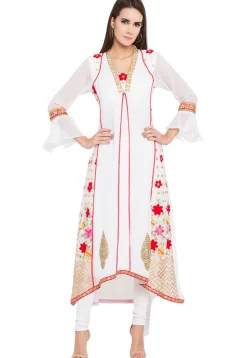 Embroidered Georgette Asymmetic Kurta in Off White