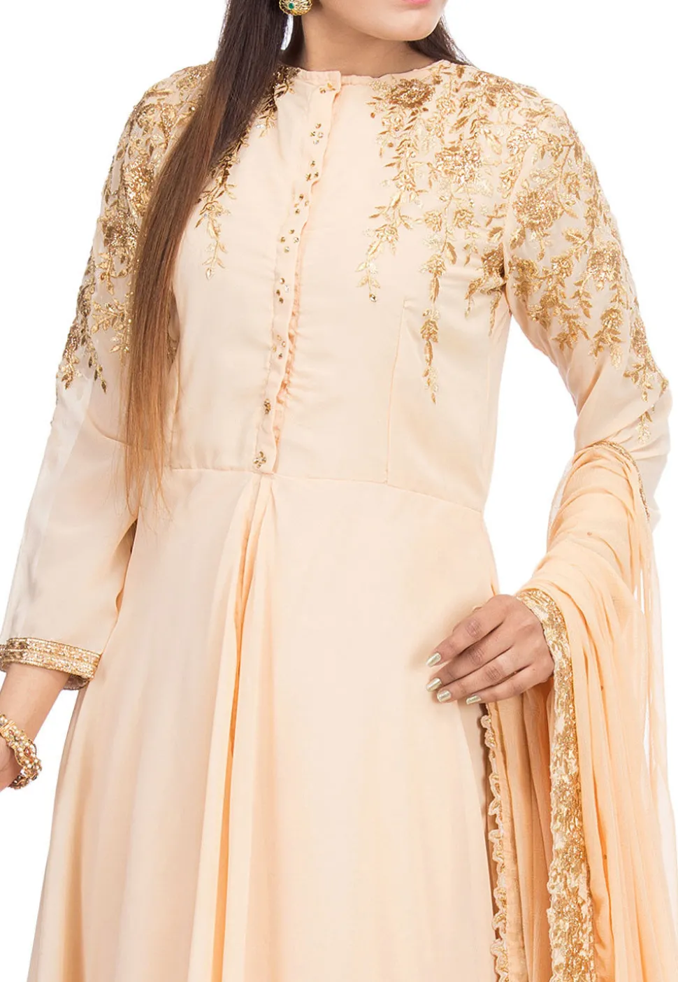 Embroidered Georgette Asymmetric Pakistani Suit in Light Peach