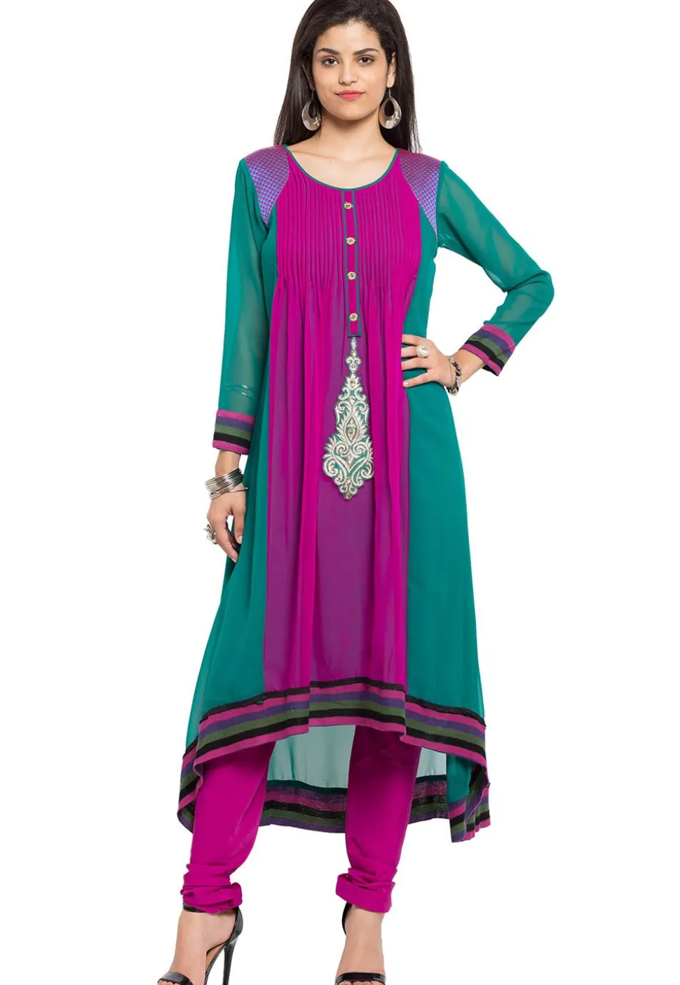 Embroidered Georgette Asymmetric Kurta in Magenta and Green