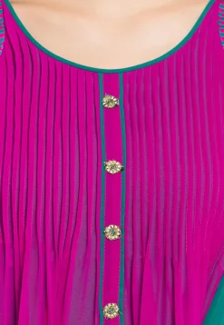 Embroidered Georgette Asymmetric Kurta in Magenta and Green