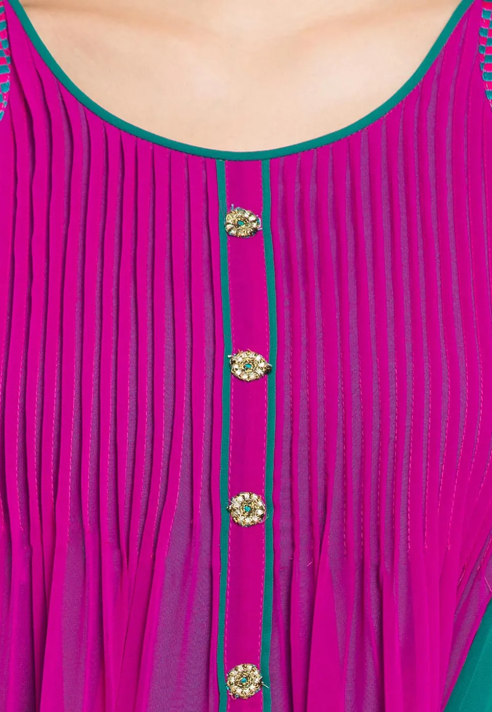 Embroidered Georgette Asymmetric Kurta in Magenta and Green