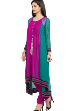 Embroidered Georgette Asymmetric Kurta in Magenta and Green