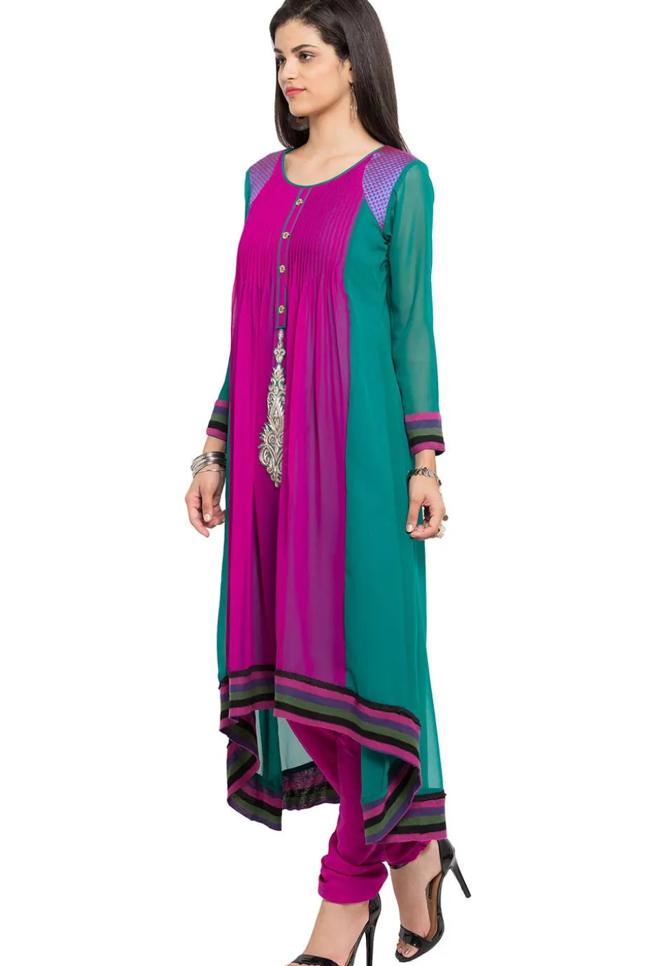 Embroidered Georgette Asymmetric Kurta in Magenta and Green