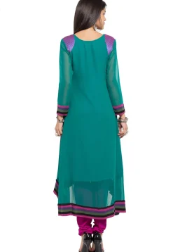 Embroidered Georgette Asymmetric Kurta in Magenta and Green