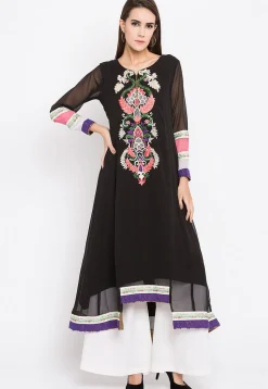 Embroidered Georgette Asymmetrical Style Kurta in Black