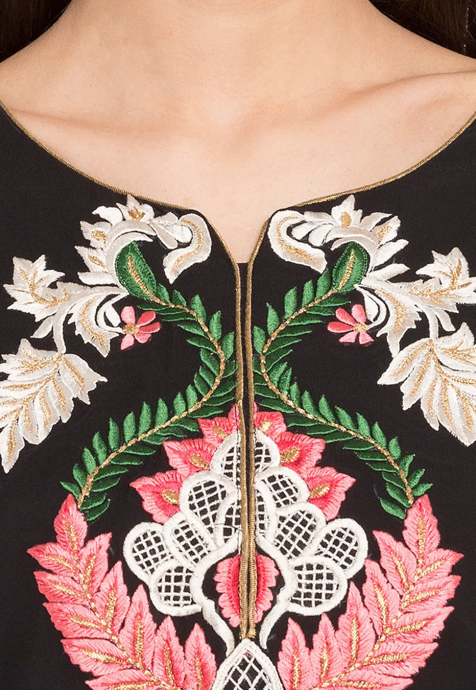 Embroidered Georgette Asymmetrical Style Kurta in Black