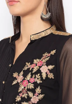 Embroidered Georgette Asymmetric Kurta in Black