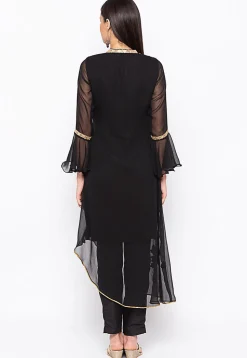 Embroidered Georgette Asymmetric Kurta in Black