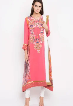 Embroidered Georgette Asymmetric Anarkali Suit in Pink