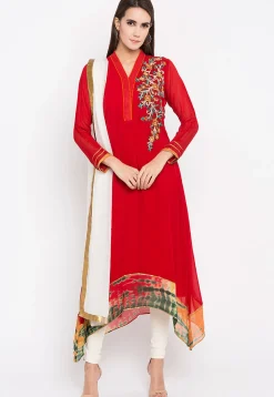 Embroidered Georgette Asymmetric Anarkali Suit in Red