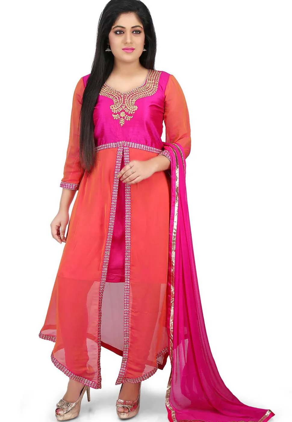 Embroidered Georgette Asymmetric Suit in Peach and Fuchsia