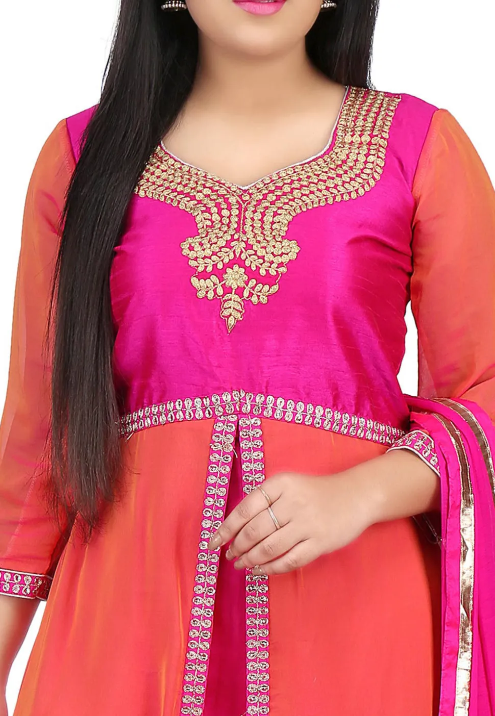 Embroidered Georgette Asymmetric Suit in Peach and Fuchsia