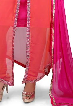 Embroidered Georgette Asymmetric Suit in Peach and Fuchsia