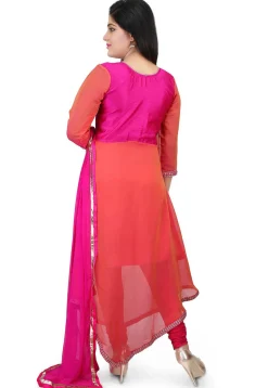 Embroidered Georgette Asymmetric Suit in Peach and Fuchsia
