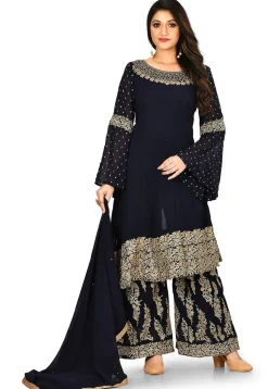 Embroidered Georgette Asymmetric Pakistani Suit in Navy Blue