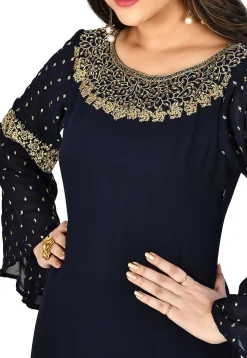 Embroidered Georgette Asymmetric Pakistani Suit in Navy Blue
