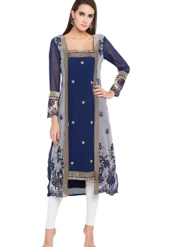 Embroidered Georgette Asymmetic Kurta in Blue and Off White