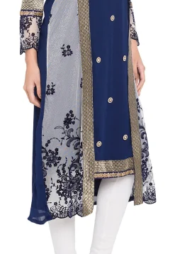 Embroidered Georgette Asymmetic Kurta in Blue and Off White