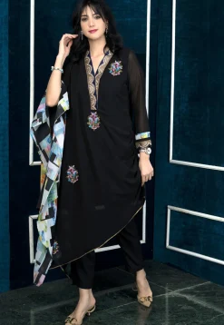 Embroidered Georgette Asymmetric Kurta in Black