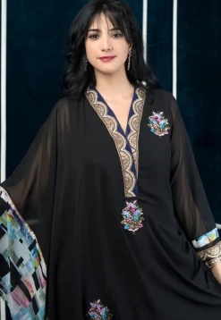 Embroidered Georgette Asymmetric Kurta in Black