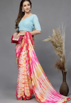 Embroidered Georgette Back Cut Out Blouse in Sky Blue
