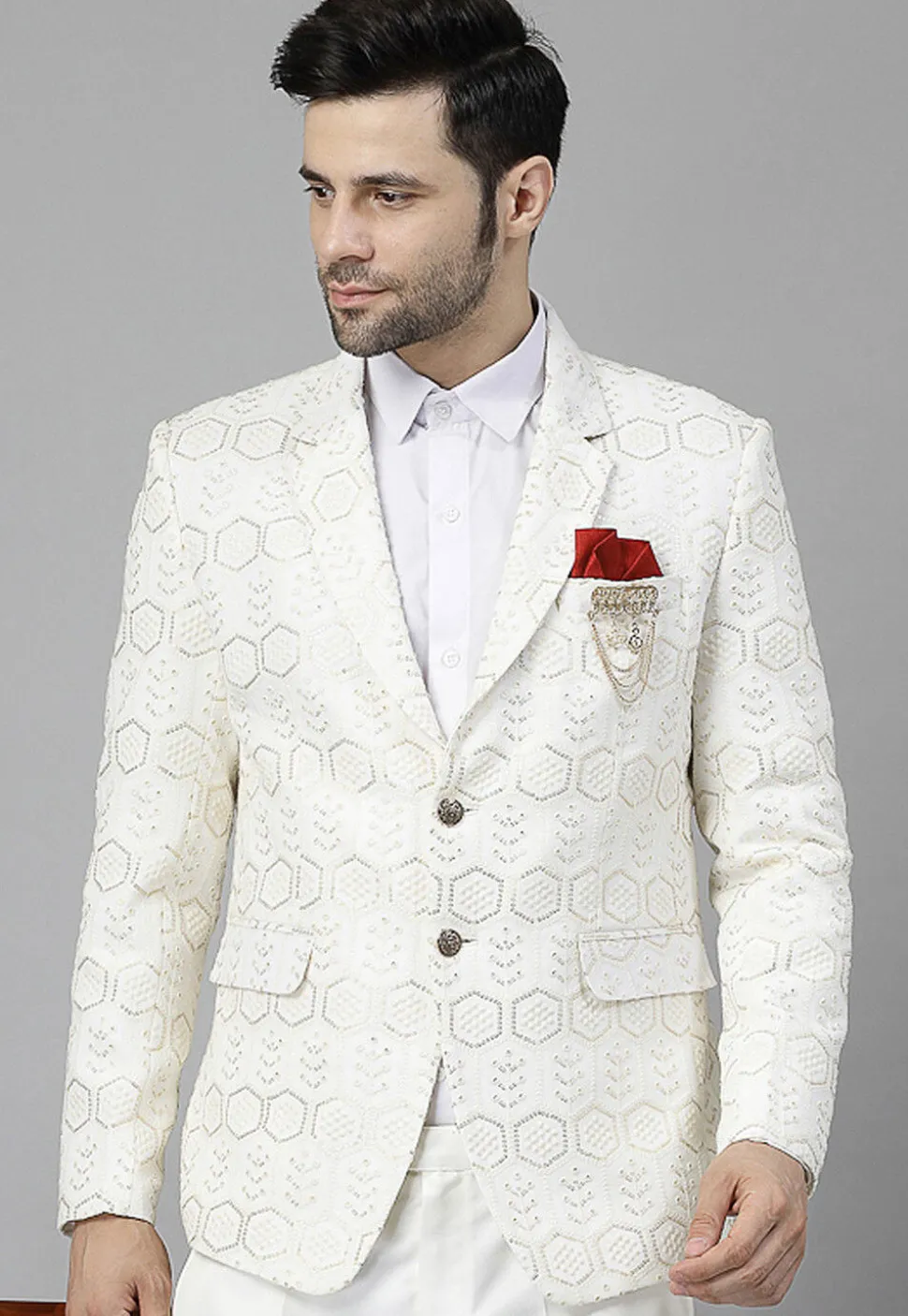 Embroidered Georgette Blazer in Off White