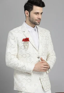 Embroidered Georgette Blazer in Off White
