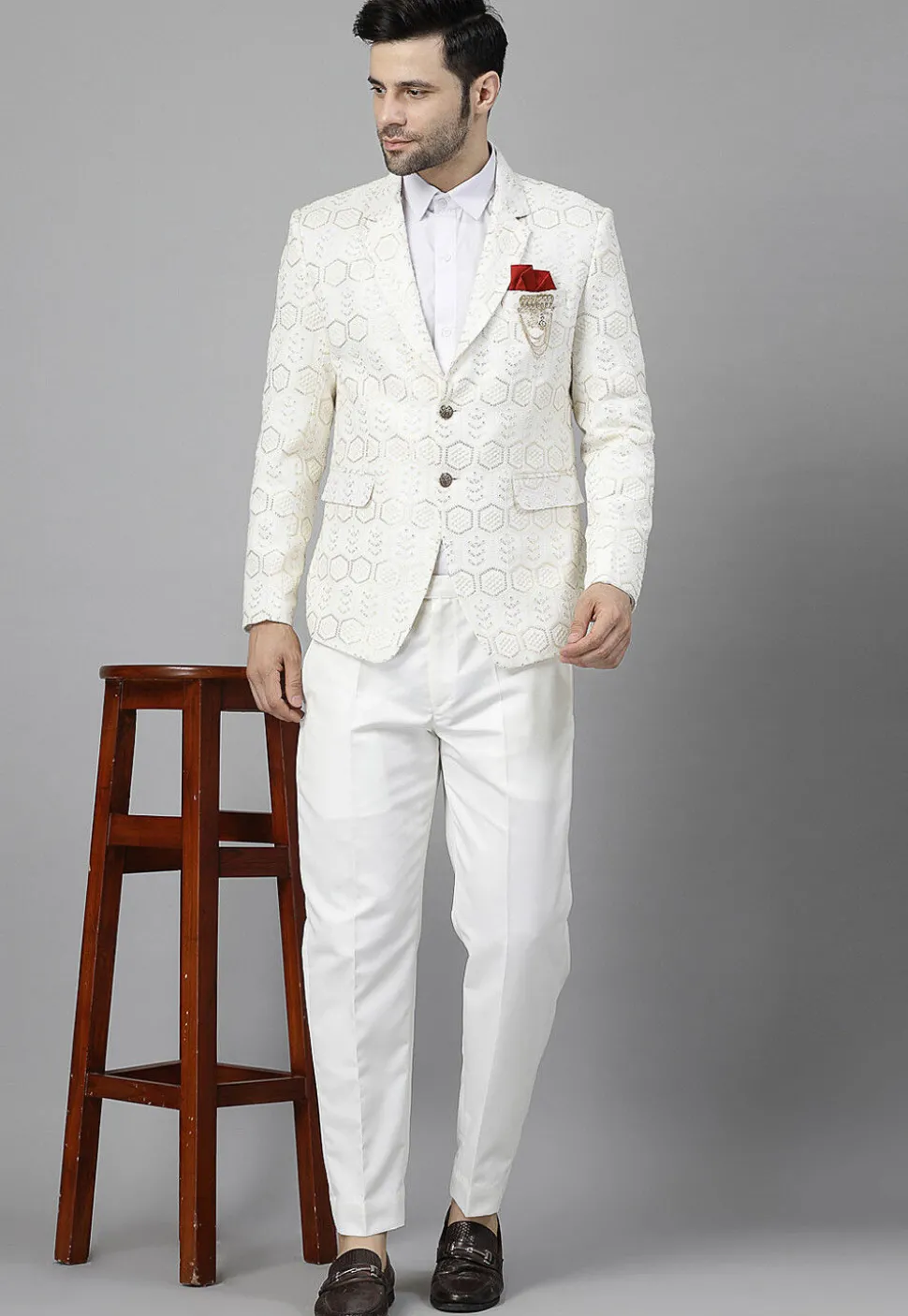 Embroidered Georgette Blazer Set in Off White