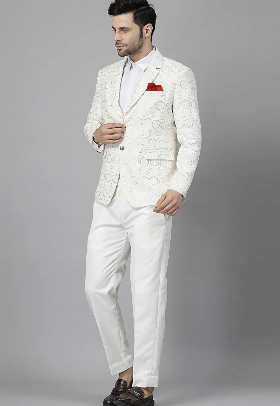 Embroidered Georgette Blazer Set in Off White