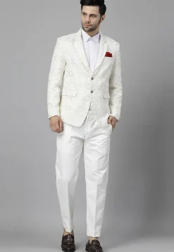 Embroidered Georgette Blazer Set in Off White