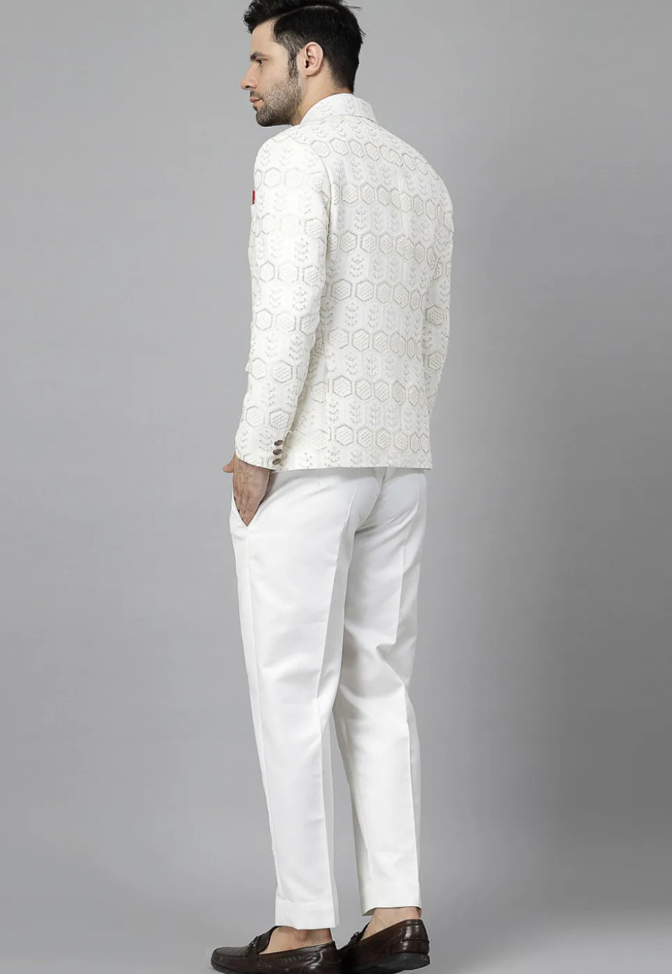 Embroidered Georgette Blazer Set in Off White