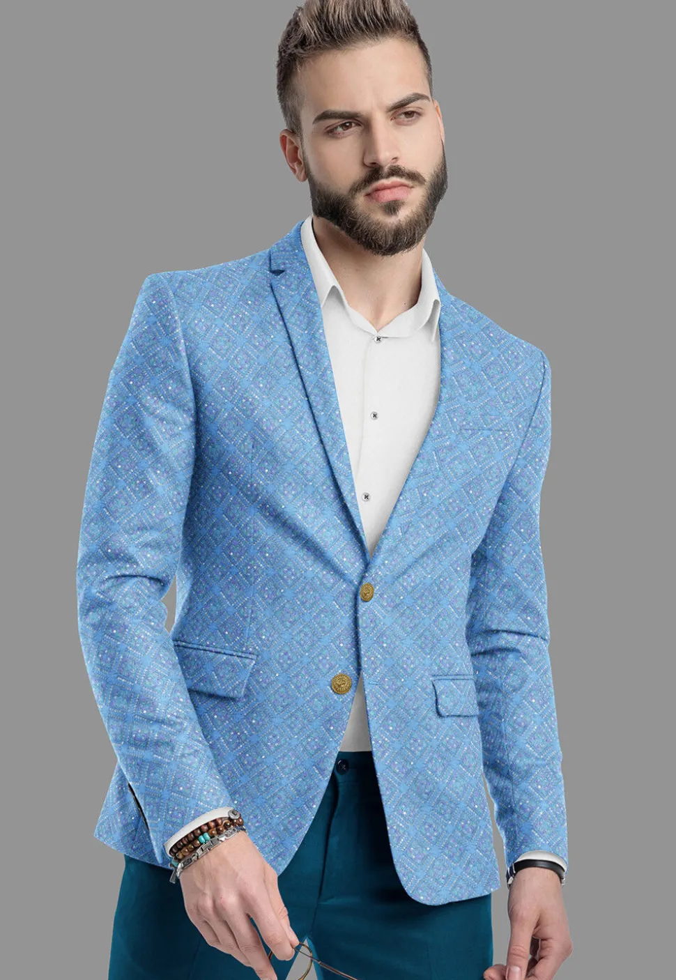 Embroidered Georgette Blazer in Light Blue