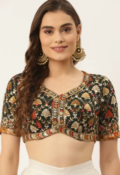 Embroidered Georgette Blouse in Dark Green