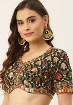 Embroidered Georgette Blouse in Dark Green