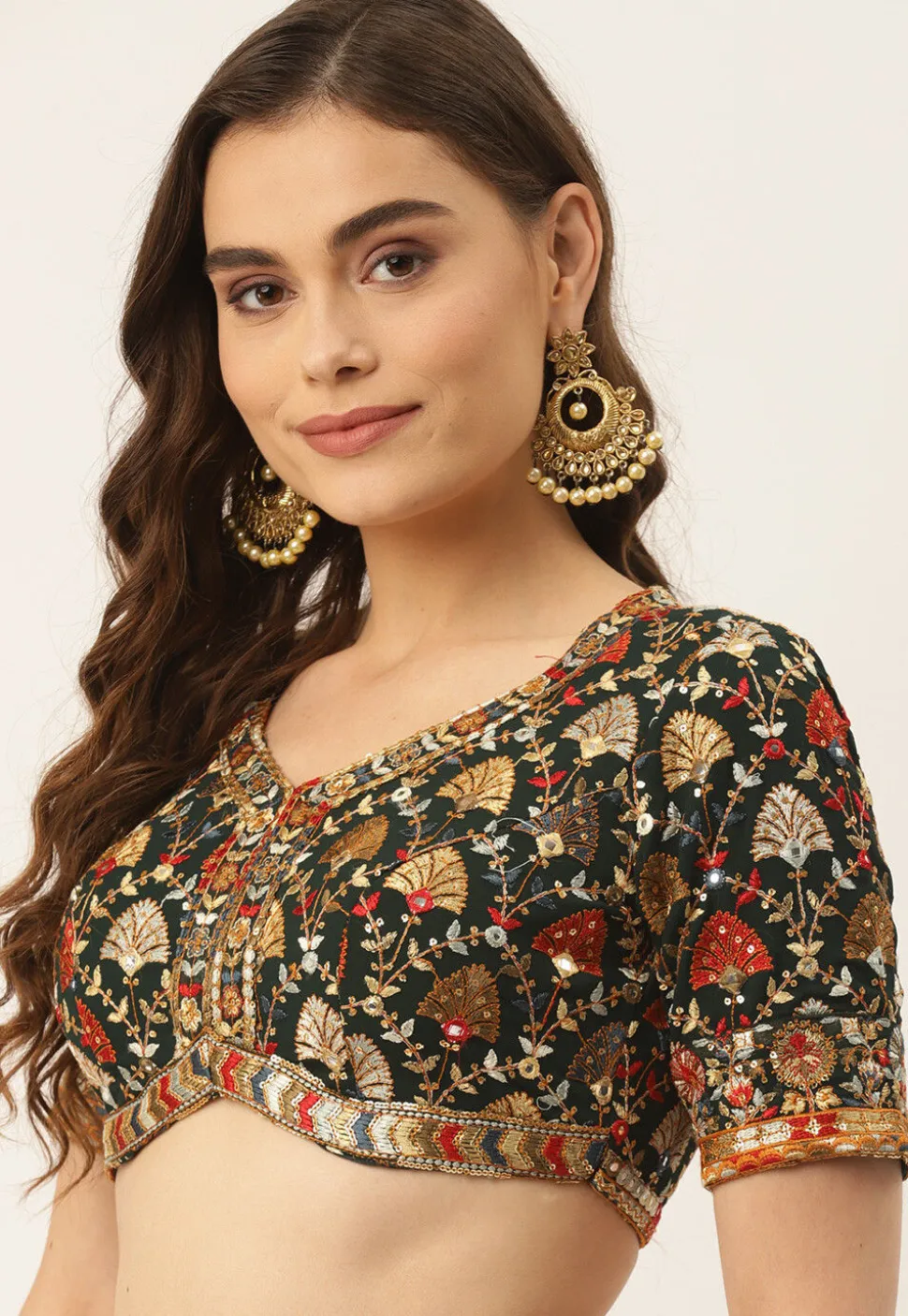 Embroidered Georgette Blouse in Dark Green
