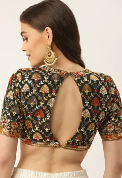 Embroidered Georgette Blouse in Dark Green