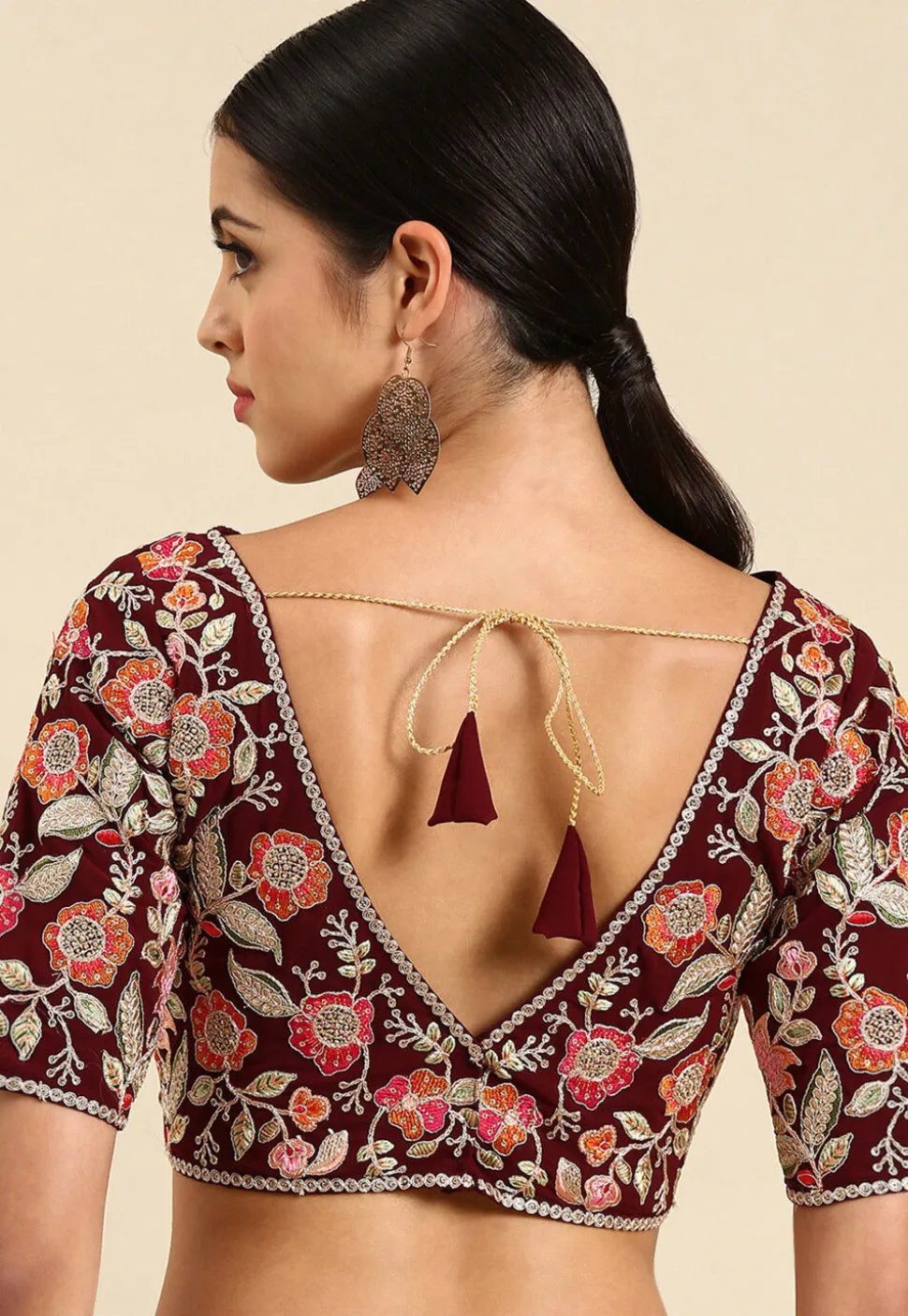 Embroidered Georgette Blouse in Maroon