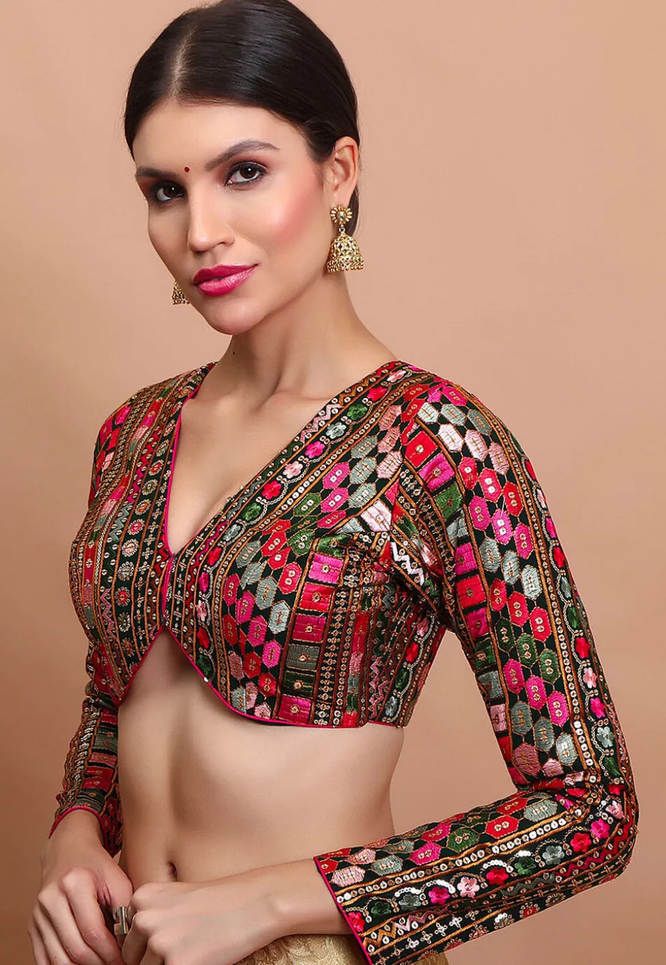Embroidered Georgette Blouse in Dark Green