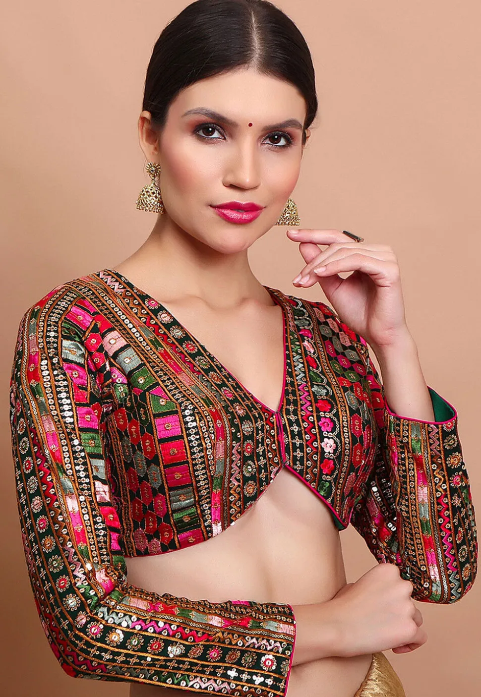 Embroidered Georgette Blouse in Dark Green