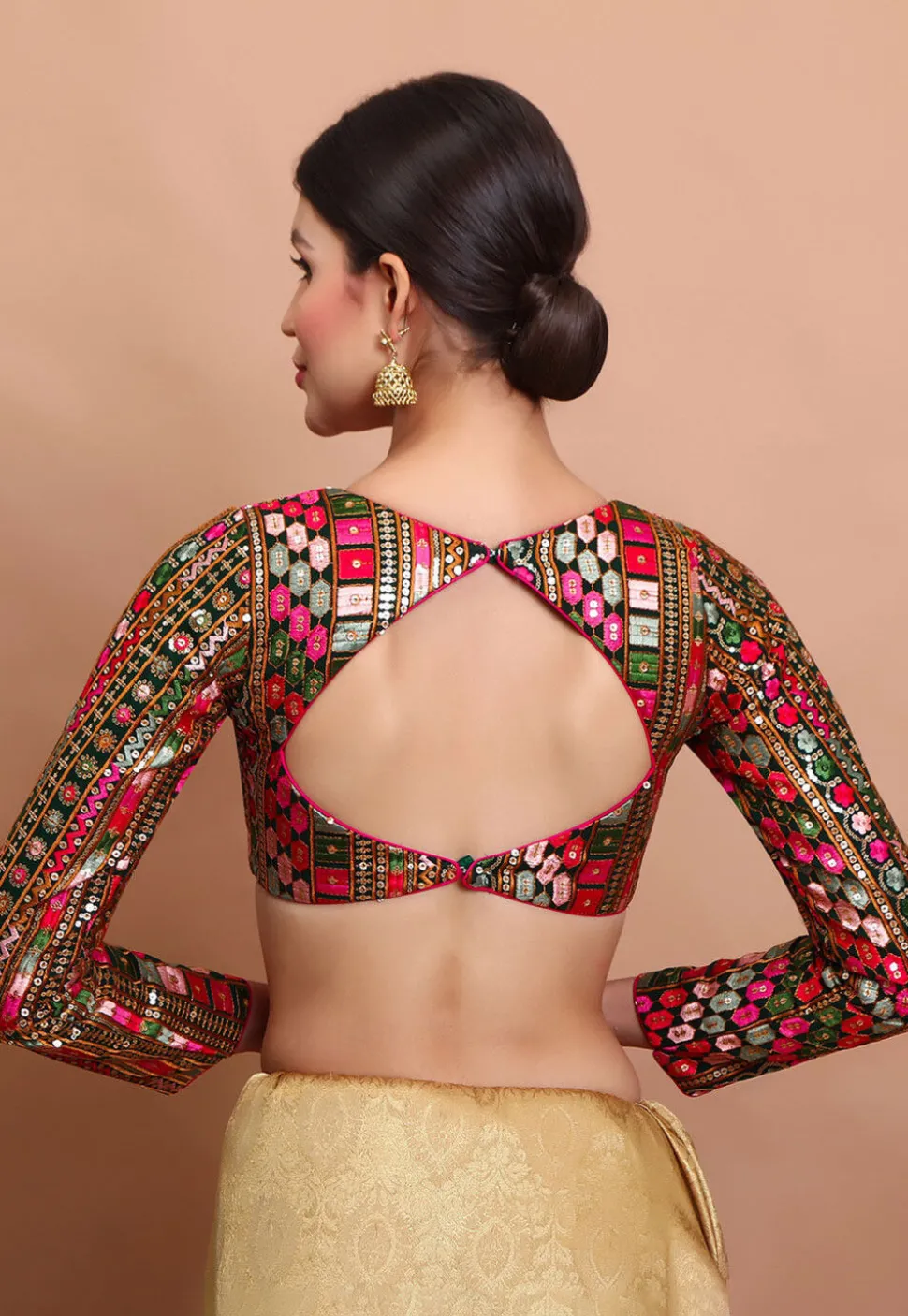 Embroidered Georgette Blouse in Dark Green