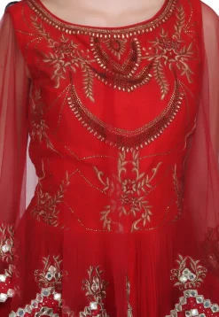 Embroidered Georgette Cape Style Gown in Red
