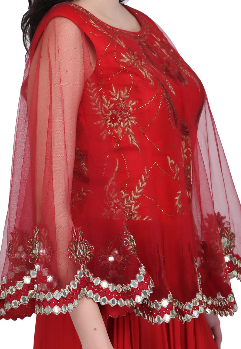 Embroidered Georgette Cape Style Gown in Red